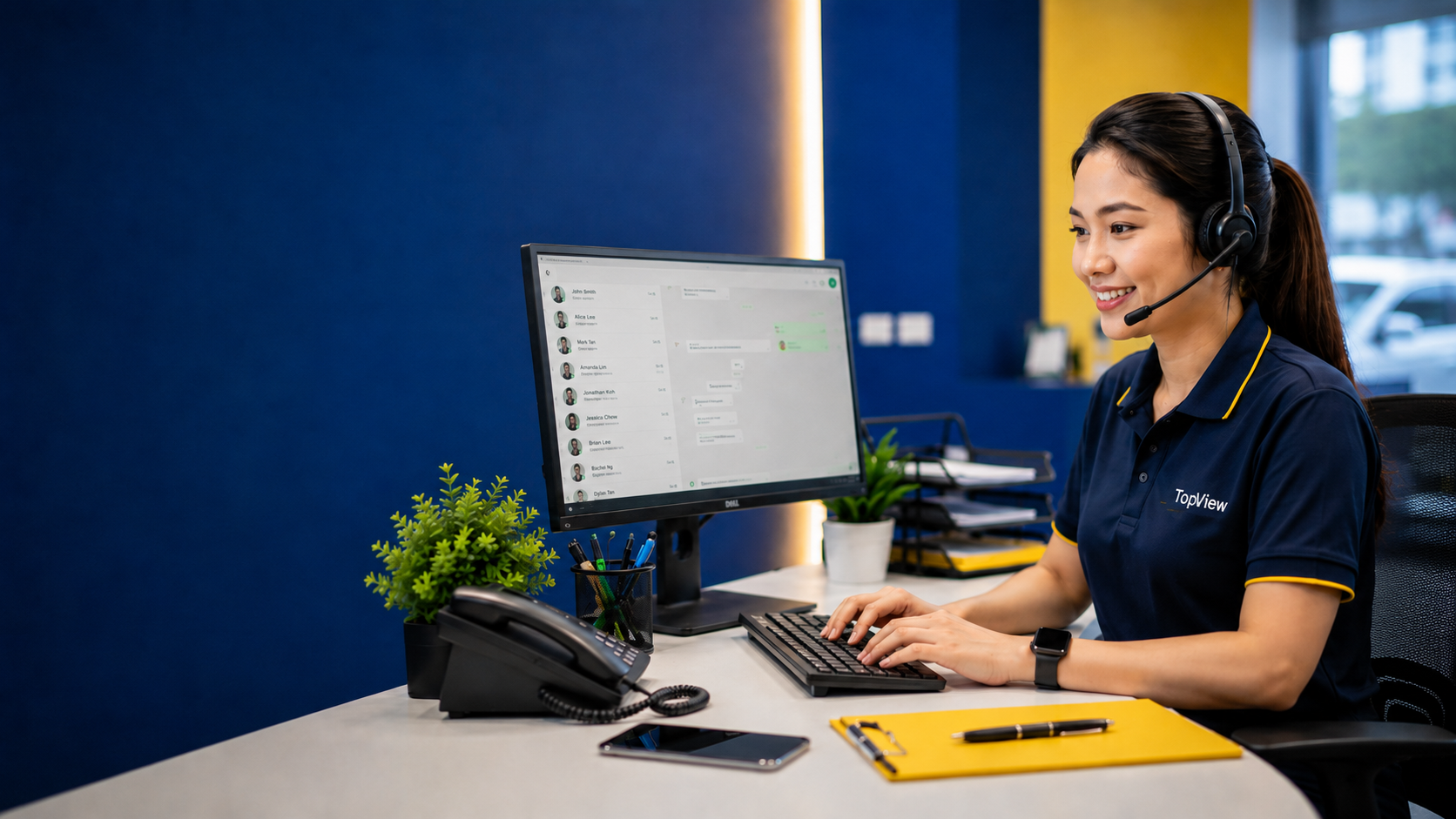 Top View customer-service representative ready to help at her desk