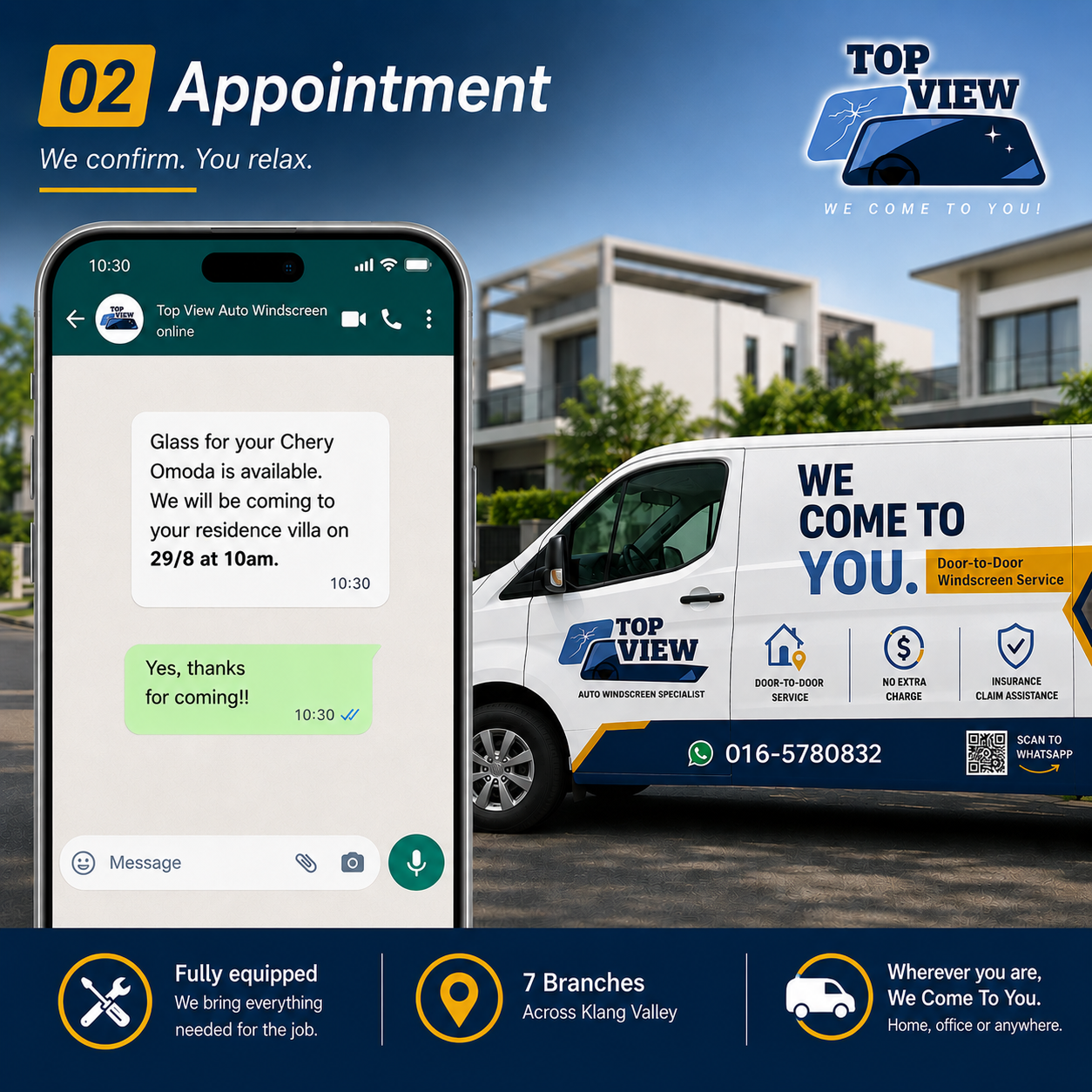 Top View confirms a mobile windscreen replacement appointment at the customer’s location