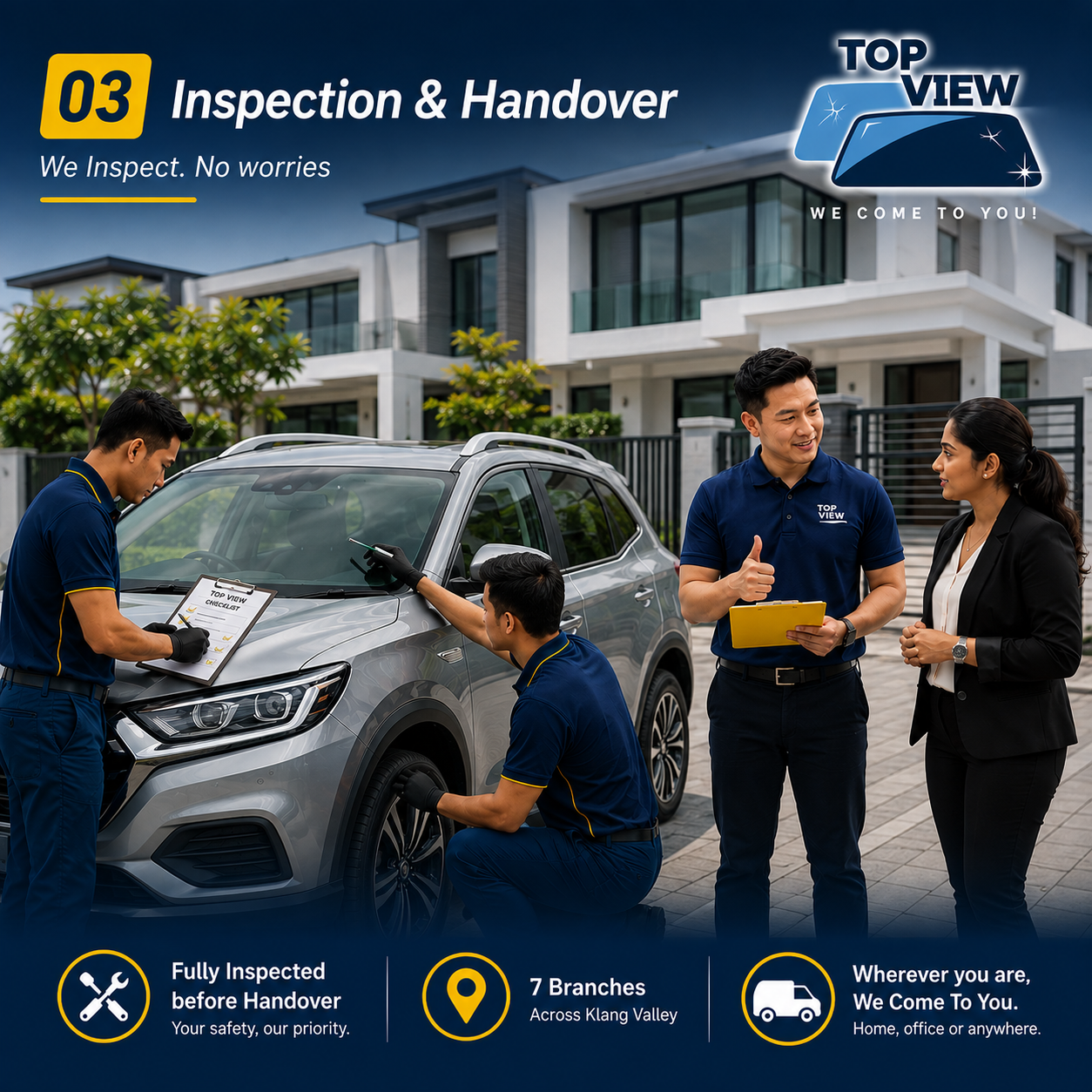 Top View technicians inspect a vehicle after windscreen replacement before handover